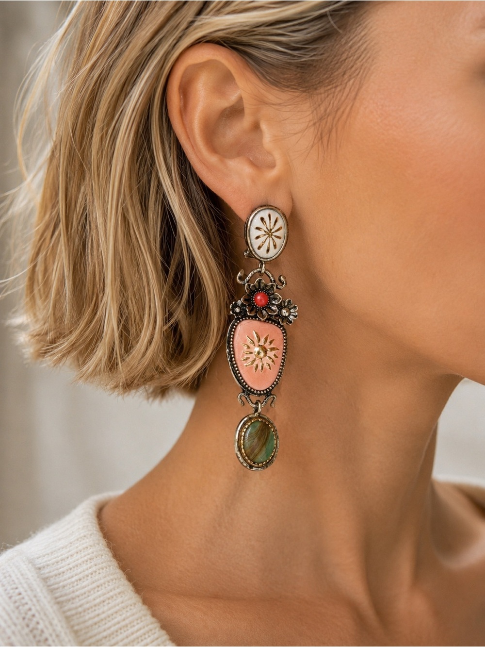 Vintage-Inspired Pink and Green Drop Earrings